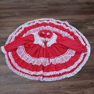 Vintage Girls Party Dress Size 24 months Red Full Circle Lace Long Sleeve Rose